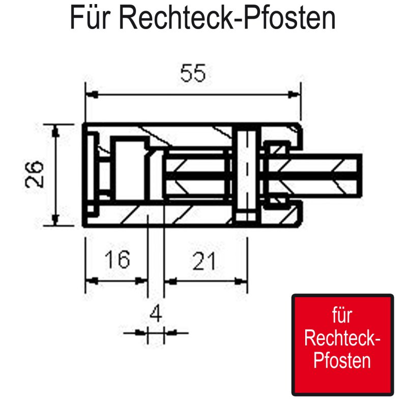 Skizze Glasklemmen / Glashalter 55 x 55 x 26 mm, eckig, mit geradem Anschluss