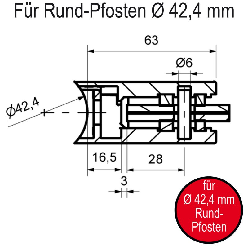 Skizze Glasklemmen / Glashalter 63 x 45 x 30 mm, halbrund, mit ⌀ 42,4 mm Rundrohr-Anschluss