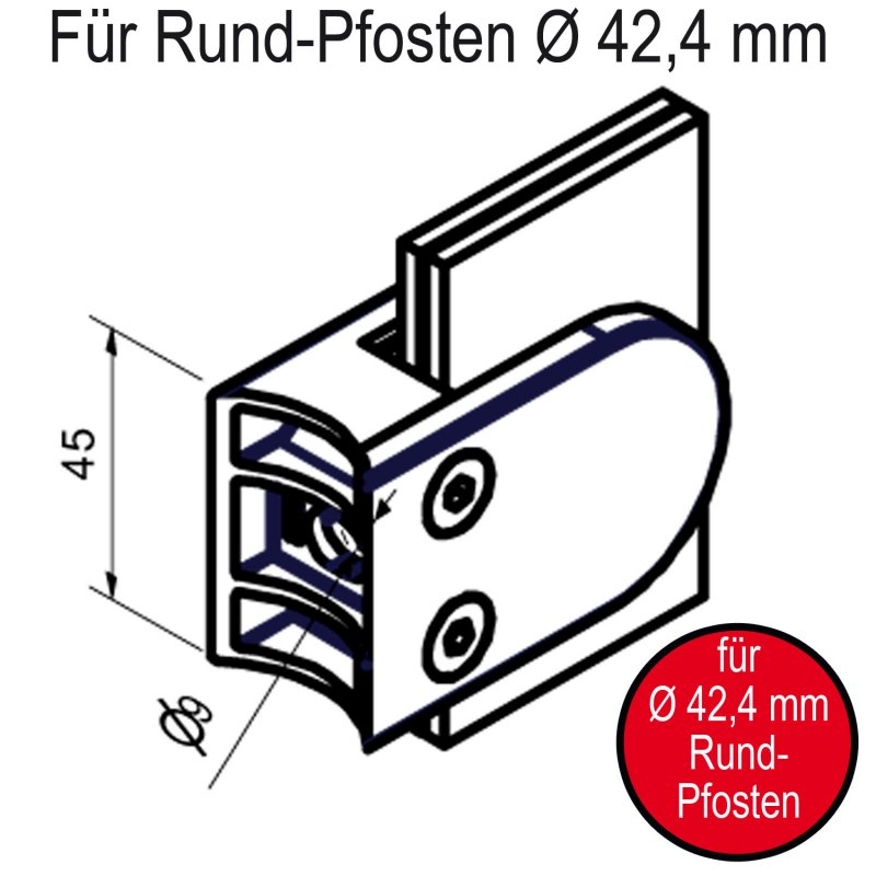 Skizze Glasklemmen / Glashalter 63 x 45 x 30 mm, halbrund, mit ⌀ 42,4 mm Rundrohr-Anschluss